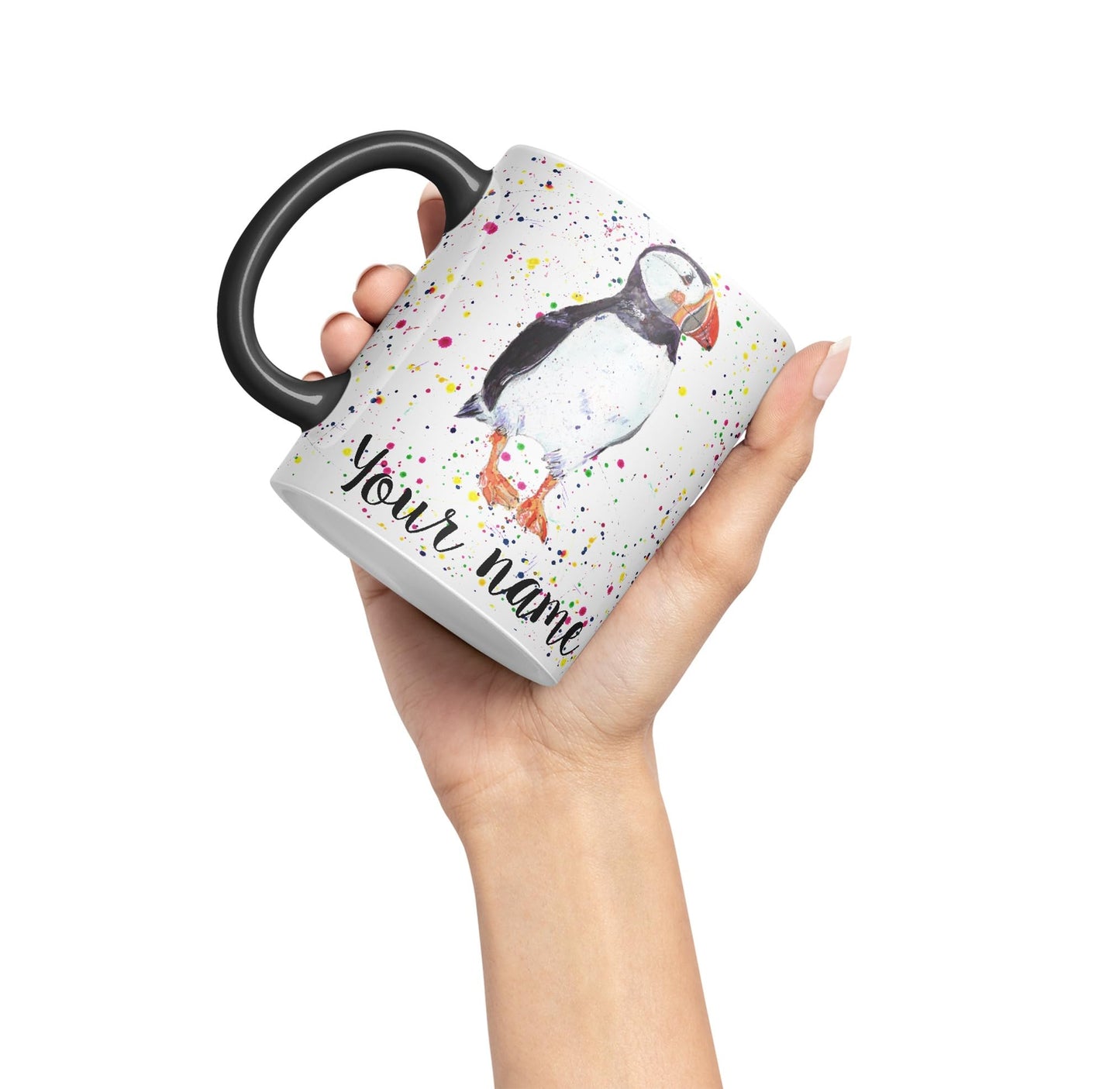 Vixar Personalised with Your Text Puffin Bird Animals Watercolour Art Coloured Ceramic Mug Cup Gift 330ml 11oz Custom Work Office Tea Coffee (O2)