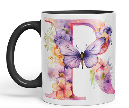 Letter R mug, Floral flowers butterfly Alphabet Letter R Monogram watercolour Ceramic Coloured Mug Cup for Tea Coffee Hot brew 330ml 11Oz Gift