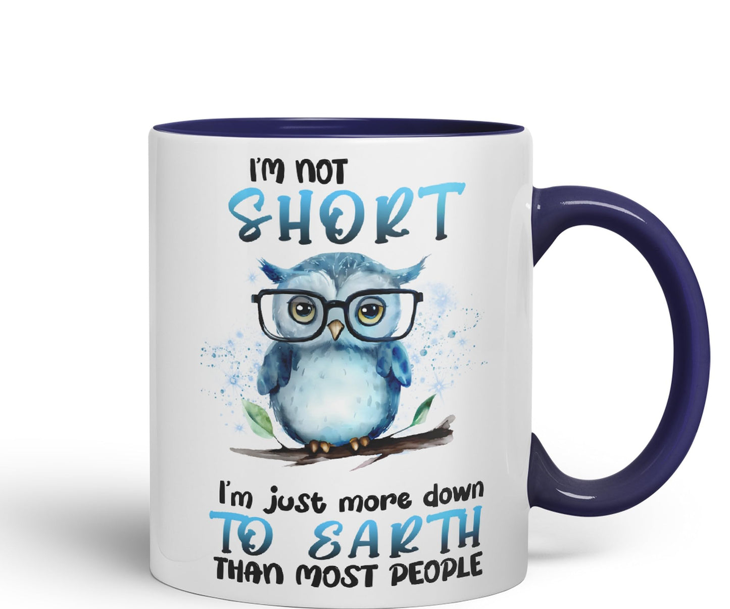 Vixar I'm Not Short, I'm just More Down to Earth Than Most People, owl Sarcastic Joke Ceramic Coloured Mug Cup for Tea Coffee Hot Brew 330ml 11Oz