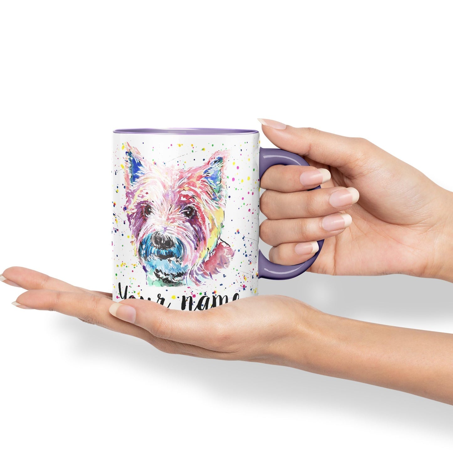 Personalised mug with Your Text name West Highland terrier Scottish animals Watercolour Art Coloured Ceramic Mug Cup Gift 330ml 11oz Custom Work Office Tea Coffee