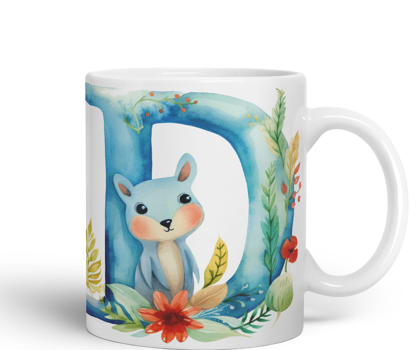 Letter D mug, Animals Alphabet Letter D Monogram animal for kids Ceramic Coloured Mug Cup for Tea Coffee Hot brew 330ml 11Oz Gift