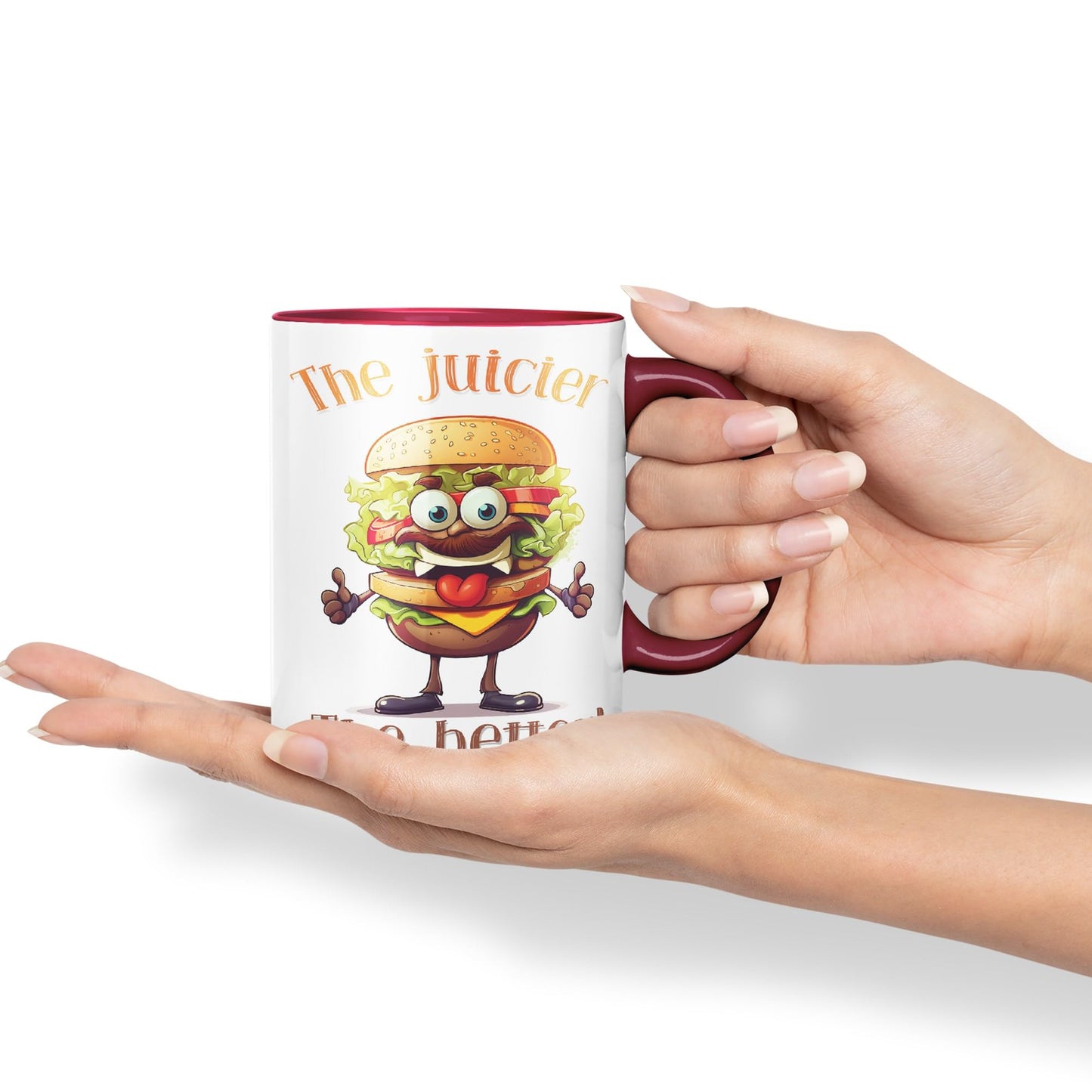 The Juicier The Better Burger, Joke sarkasm Sarcastic Ceramic Coloured Mug Cup for Tea Coffee Hot Brew 330ml 11Oz Gift