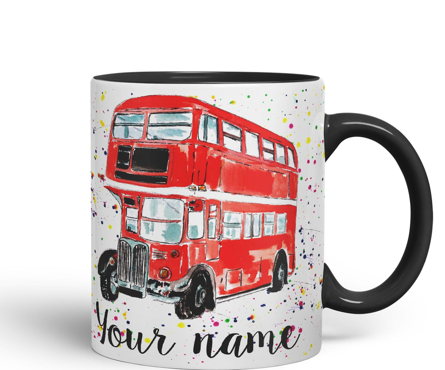 Vixar Personalised with Your Text Red Bus Classic London Busses Watercolour Art Coloured Ceramic Mug Cup Gift 330ml 11oz Custom Work Office Tea Coffe