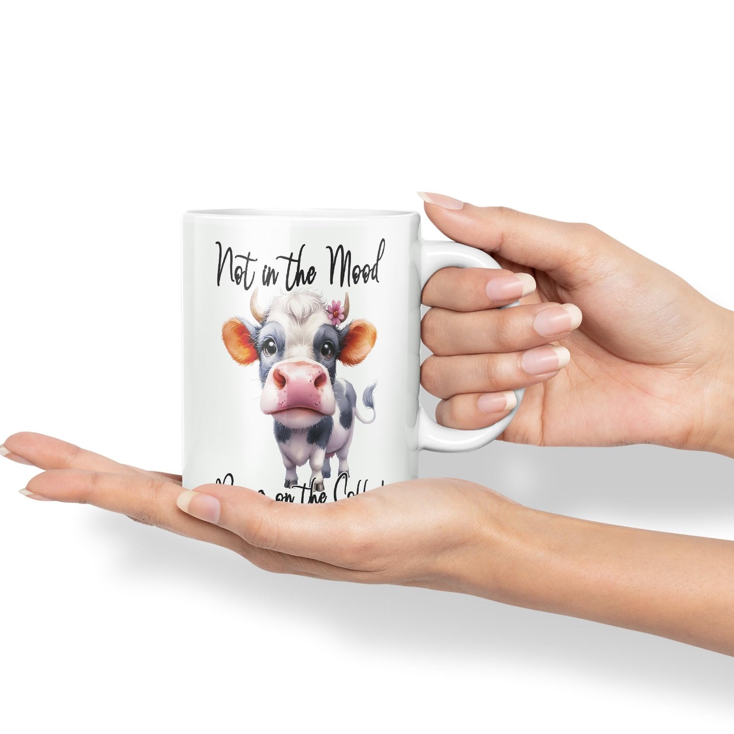 Not in The Mood Bring on The Coffee Cow Joke sarkasm Sarcastic Ceramic Coloured Mug Cup for Tea Coffee Hot Brew 330ml 11Oz Gift