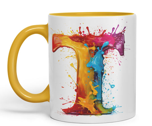 Letter T mug, Alphabet Letter T Monogram watercolour Ceramic Coloured Mug Cup for Tea Coffee Hot brew 330ml 11Oz Gift