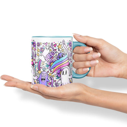 Vixar Hello Cool Kawaii Ghosts Coloured Ceramic Mug Cup Gift 330ml 11oz Work Office Tea Coffee