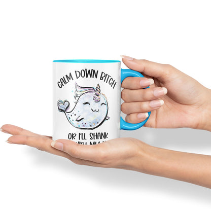 Vixar Unicorn Calm Down B... or I'll Shank You with My Horn Ceramic Coloured Mug Cup Gift Tea Coffee Christmas Office Home Sarcastic Joke