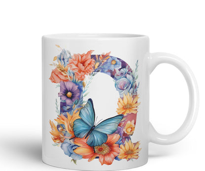 Letter Q mug, Floral flowers butterfly Alphabet Letter Q Monogram watercolour Ceramic Coloured Mug Cup for Tea Coffee Hot brew 330ml 11Oz Gift