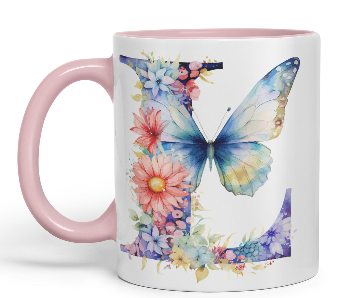 Letter L mug, Floral flowers butterfly Alphabet Letter L Monogram watercolour Ceramic Coloured Mug Cup for Tea Coffee Hot brew 330ml 11Oz Gift