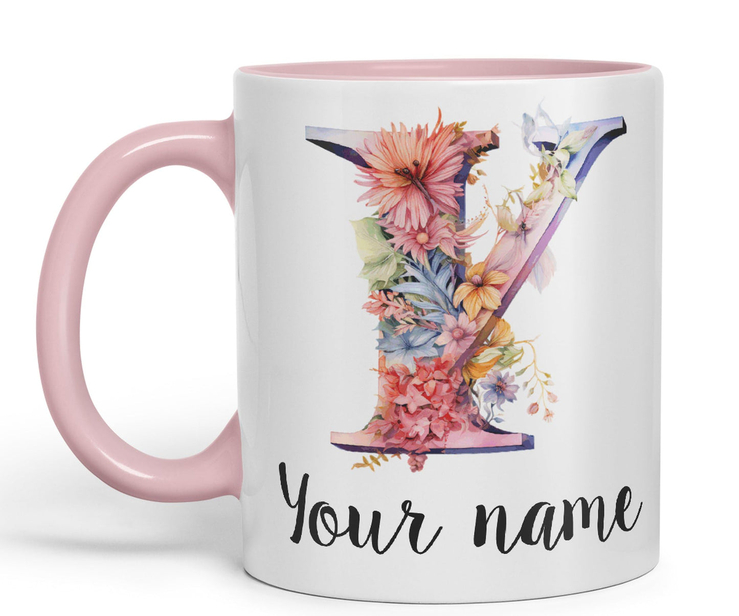 Personalised Letter Y mug, Customized Custom Floral flowers butterfly Alphabet Letter Y Monogram watercolour Ceramic Coloured Mug Cup for Tea Coffee Hot brew 330ml 11Oz Gift