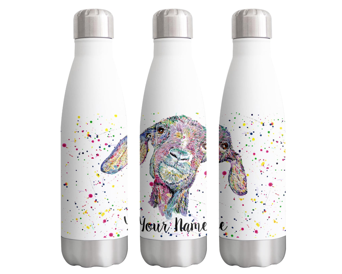 Vixar Goat Personalised Custom Bottle with your Text/name Watercolour farm animals Bottle double Wall insulated Stainless steel sport Drinks 500ml