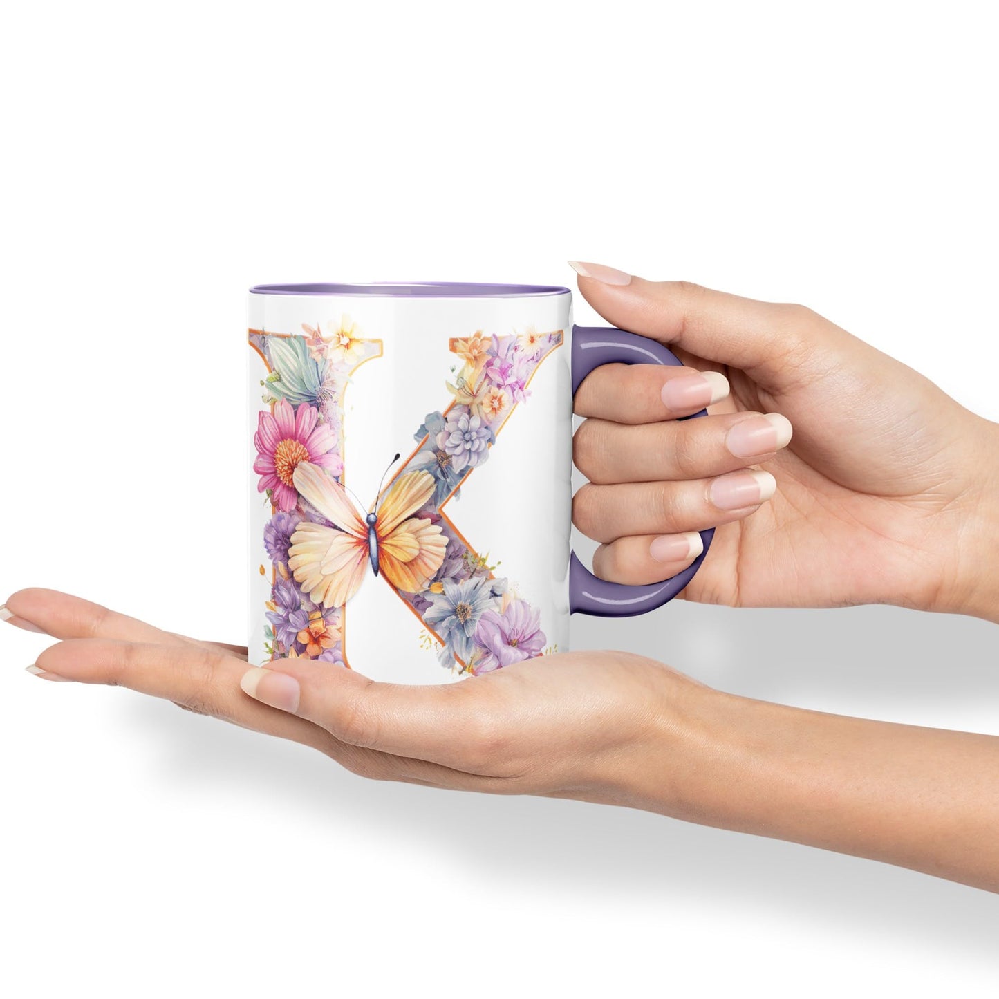 Letter K mug, Floral flowers butterfly Alphabet Letter K Monogram watercolour Ceramic Coloured Mug Cup for Tea Coffee Hot brew 330ml 11Oz Gift