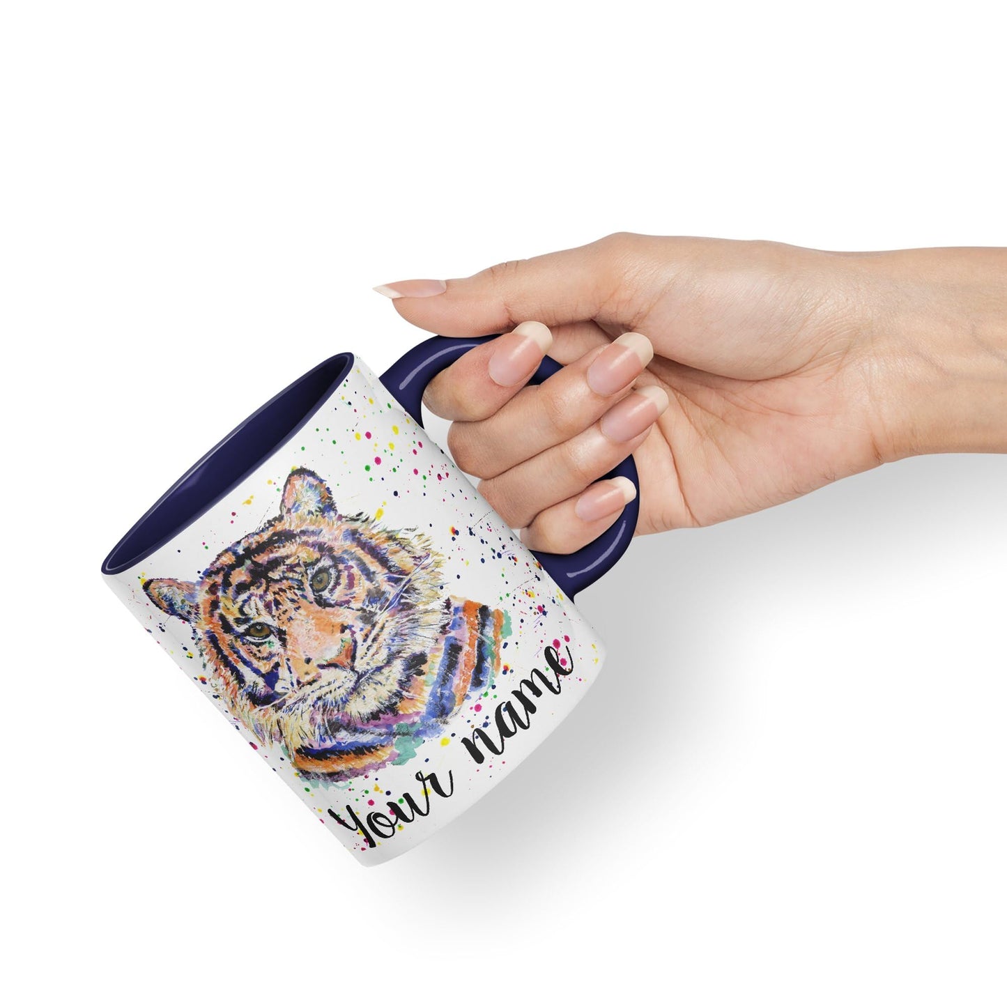 Vixar Personalised with Your Text Tiger Cat Safari Animals Watercolour Art Coloured Ceramic Mug Cup Gift 330ml 11oz Custom Work Office Tea Coffee (O2)