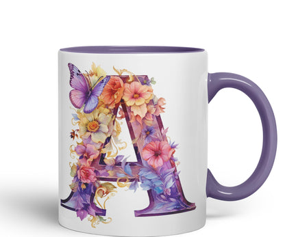 Letter A mug, Floral flowers butterfly Alphabet Letter A Monogram watercolour Ceramic Coloured Mug Cup for Tea Coffee Hot brew 330ml 11Oz Gift
