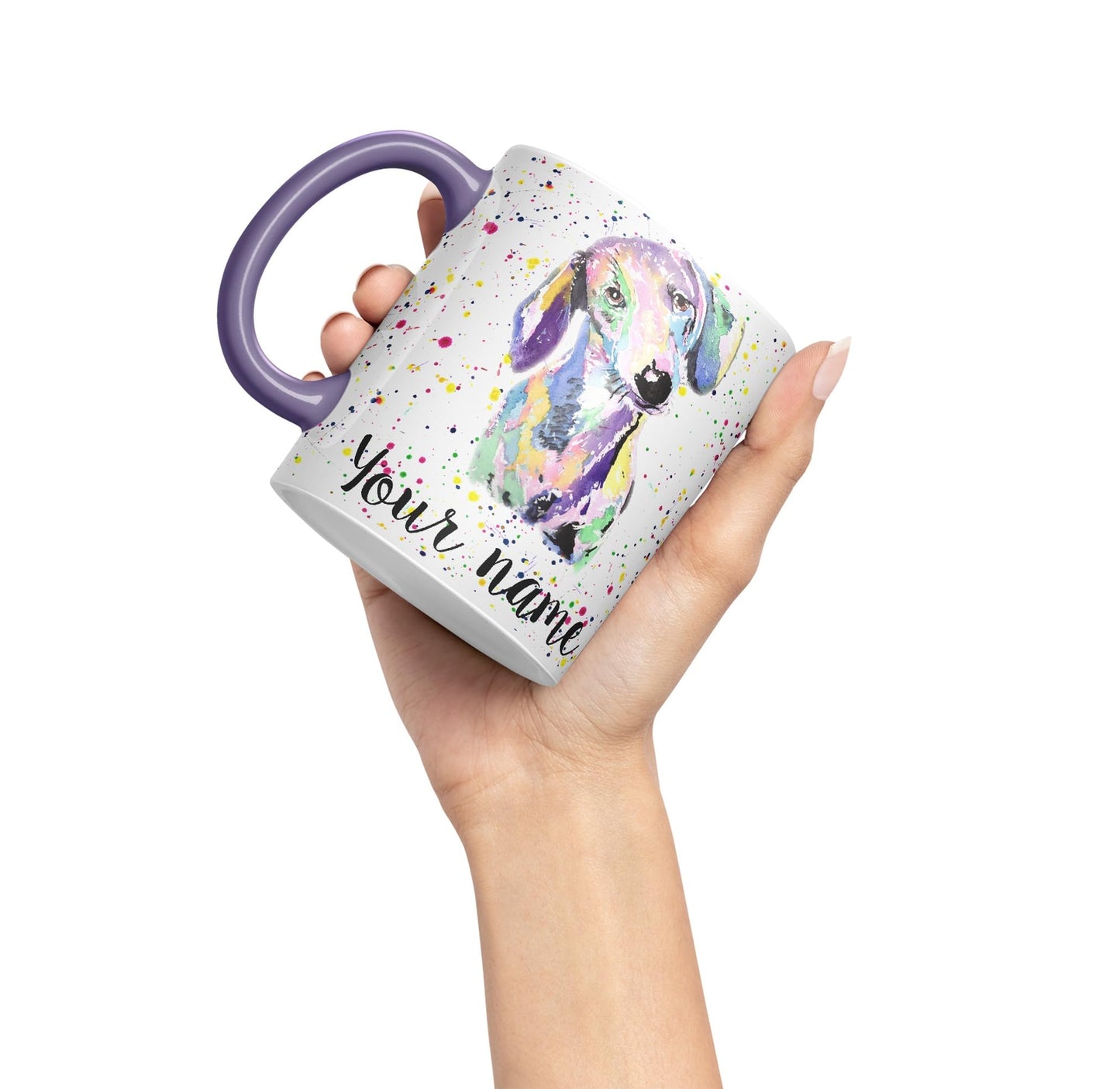 Vixar Personalised with Your Text Dachshund Sausage Dog Wiener Badger Pet Watercolour Art Coloured Ceramic Mug Cup Gift 330ml 11oz Custom Work Office Tea Coffee