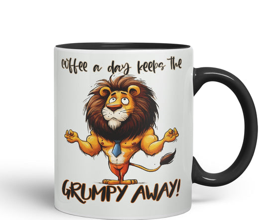 Coffee a Day Keeps The Grumy Away! Lion Joke sarkasm Sarcastic Ceramic Coloured Mug Cup for Tea Coffee Hot Brew 330ml 11Oz Gift