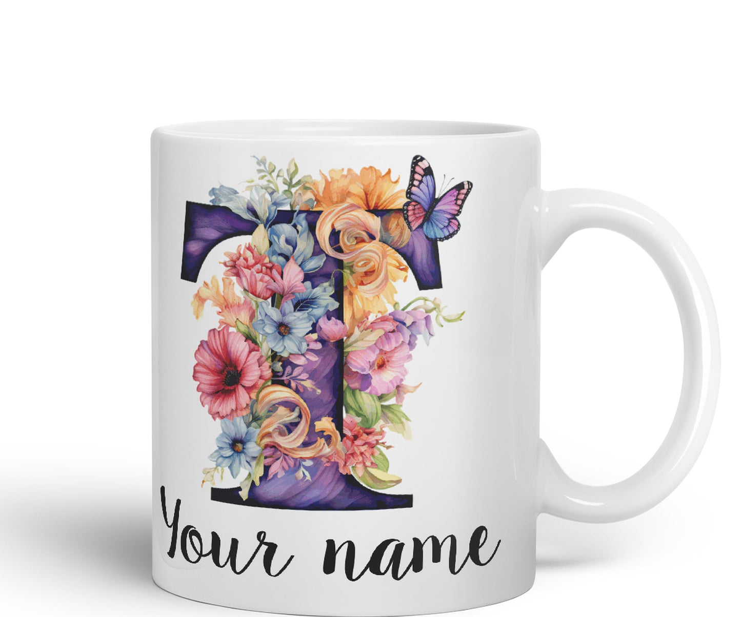 Personalised Letter T mug, Customized Custom Floral flowers butterfly Alphabet Letter T Monogram watercolour Ceramic Coloured Mug Cup for Tea Coffee Hot brew 330ml 11Oz Gift