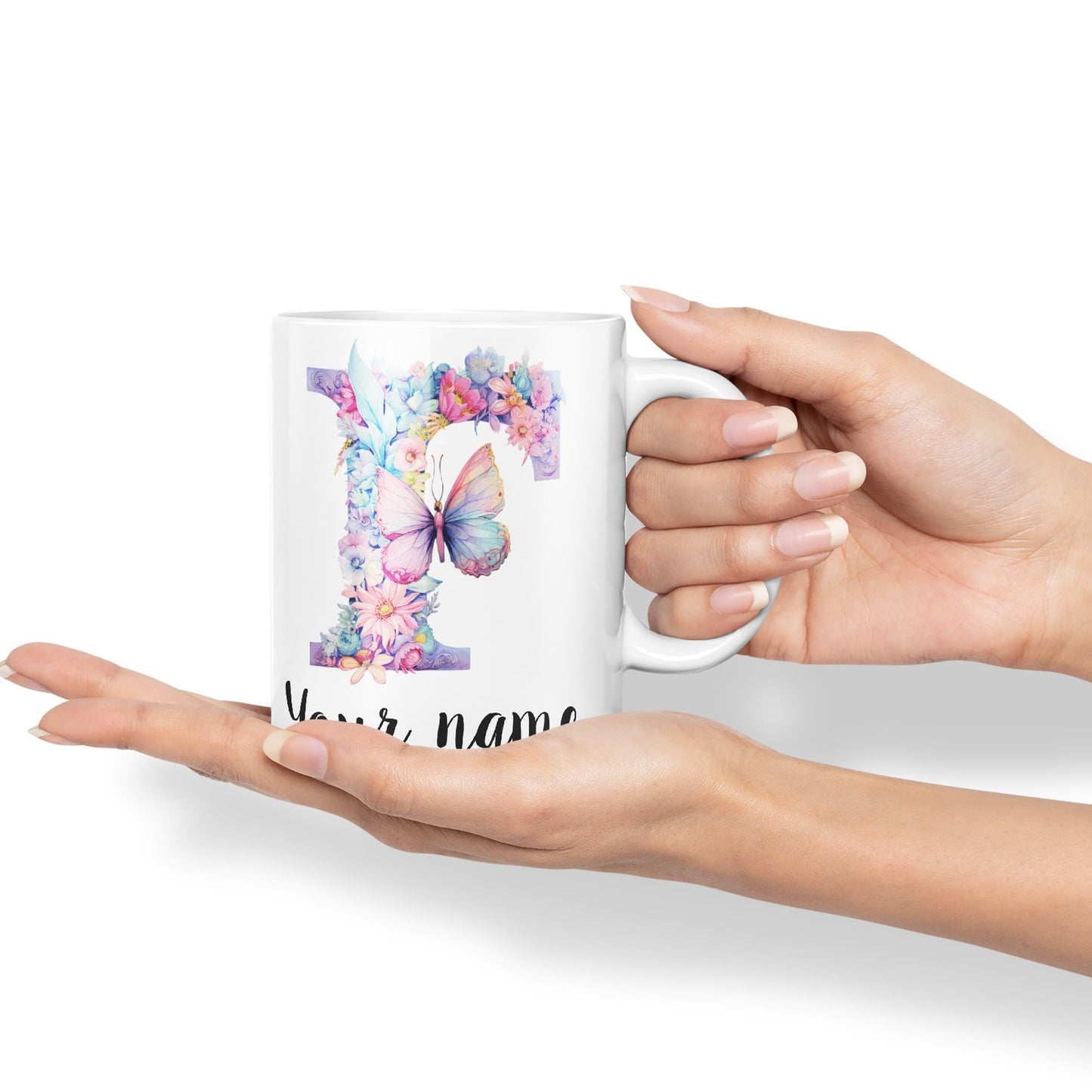 Personalised Letter F mug, Customized Custom Floral flowers butterfly Alphabet Letter F Monogram watercolour Ceramic Coloured Mug Cup for Tea Coffee Hot brew 330ml 11Oz Gift