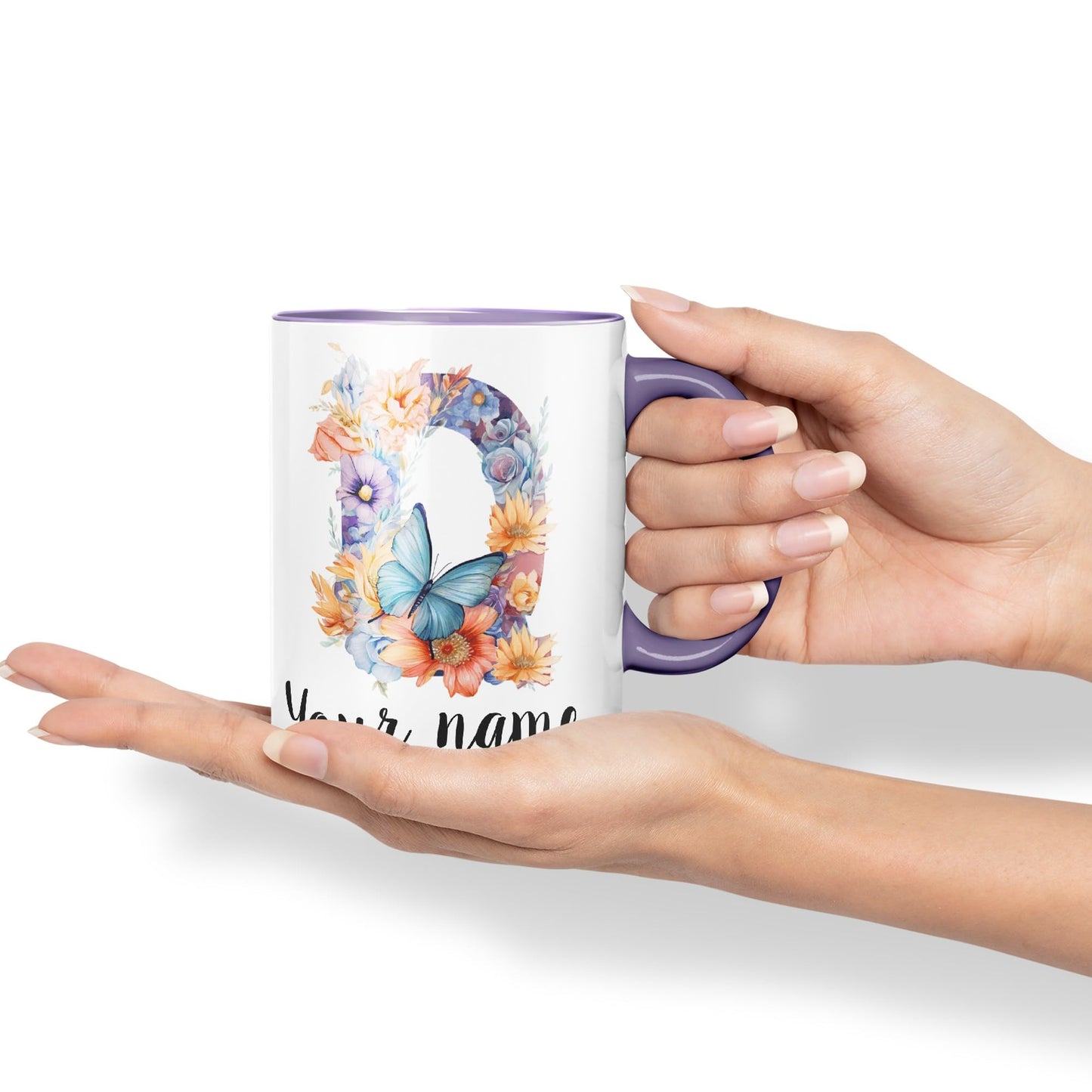 Personalised Letter Q mug, Customized Custom Floral flowers butterfly Alphabet Letter Q Monogram watercolour Ceramic Coloured Mug Cup for Tea Coffee Hot brew 330ml 11Oz Gift