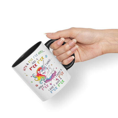 with a f.ck here and… There. I Don't Give a f.ck Unicorn Joke sarkasm Sarcastic Ceramic Coloured Mug Cup for Tea Coffee Hot Brew 330ml 11Oz Gift