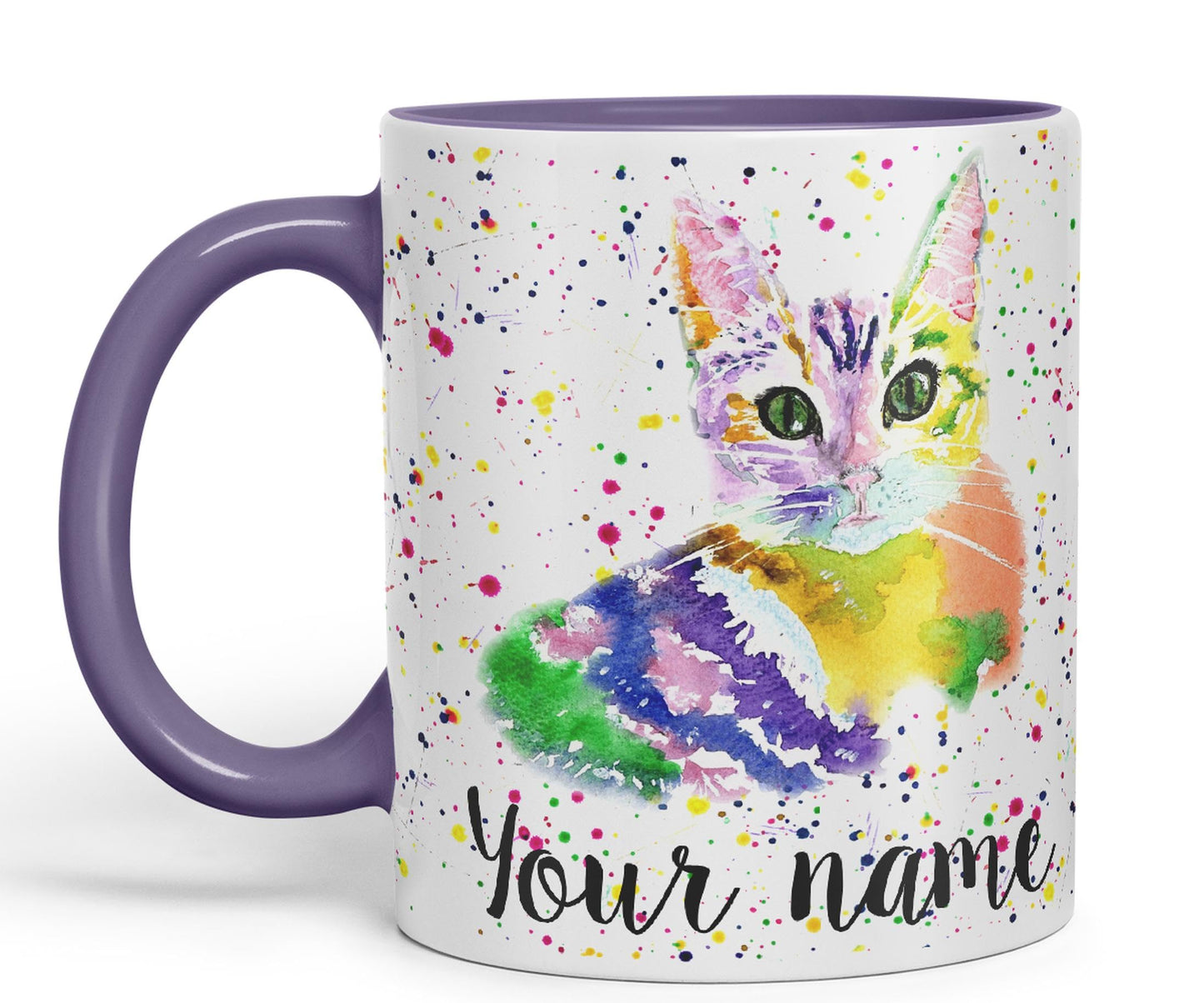 Vixar Personalised with Your Text Cat Kitten Feline Pet Animals Watercolour Art Coloured Ceramic Mug Cup Gift 330ml 11oz Custom Work Office Tea Coffee