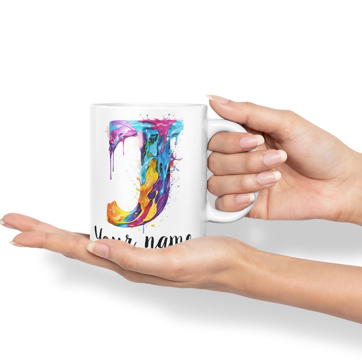 Personalised Letter J mug, Alphabet cusomized custom Letter J Monogram watercolour Ceramic Coloured Mug Cup for Tea Coffee Hot brew 330ml 11Oz Gift