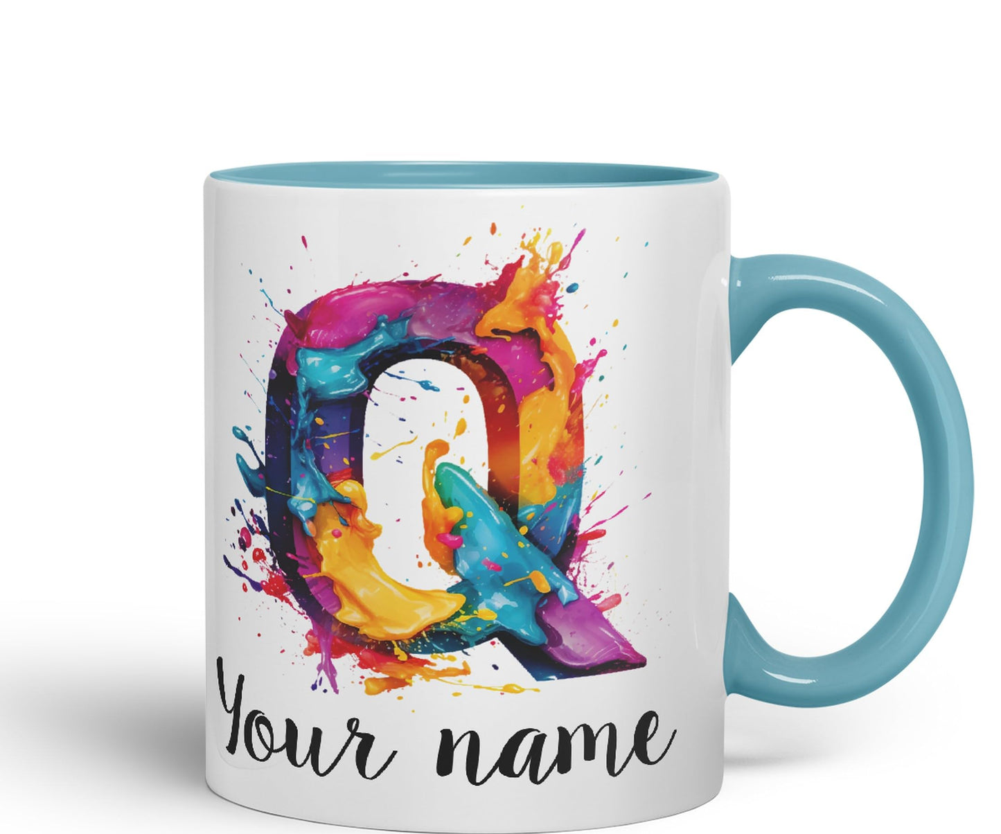 Personalised Letter Q mug, Alphabet cusomized custom Letter Q Monogram watercolour Ceramic Coloured Mug Cup for Tea Coffee Hot brew 330ml 11Oz Gift