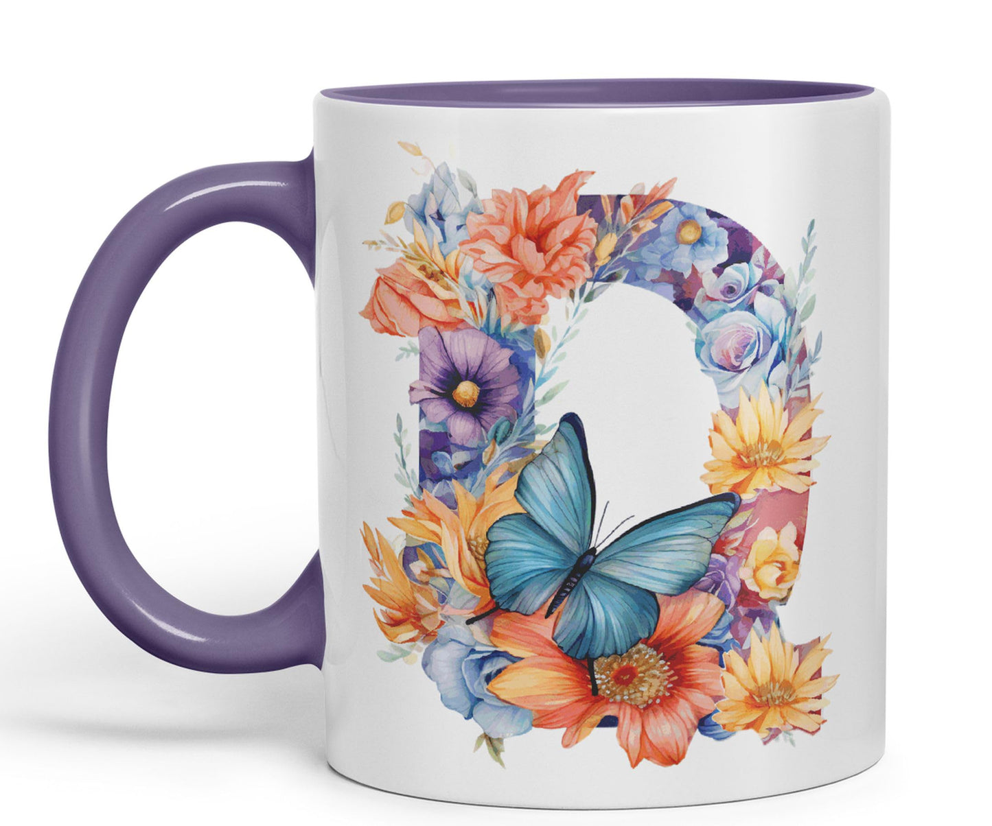 Letter Q mug, Floral flowers butterfly Alphabet Letter Q Monogram watercolour Ceramic Coloured Mug Cup for Tea Coffee Hot brew 330ml 11Oz Gift