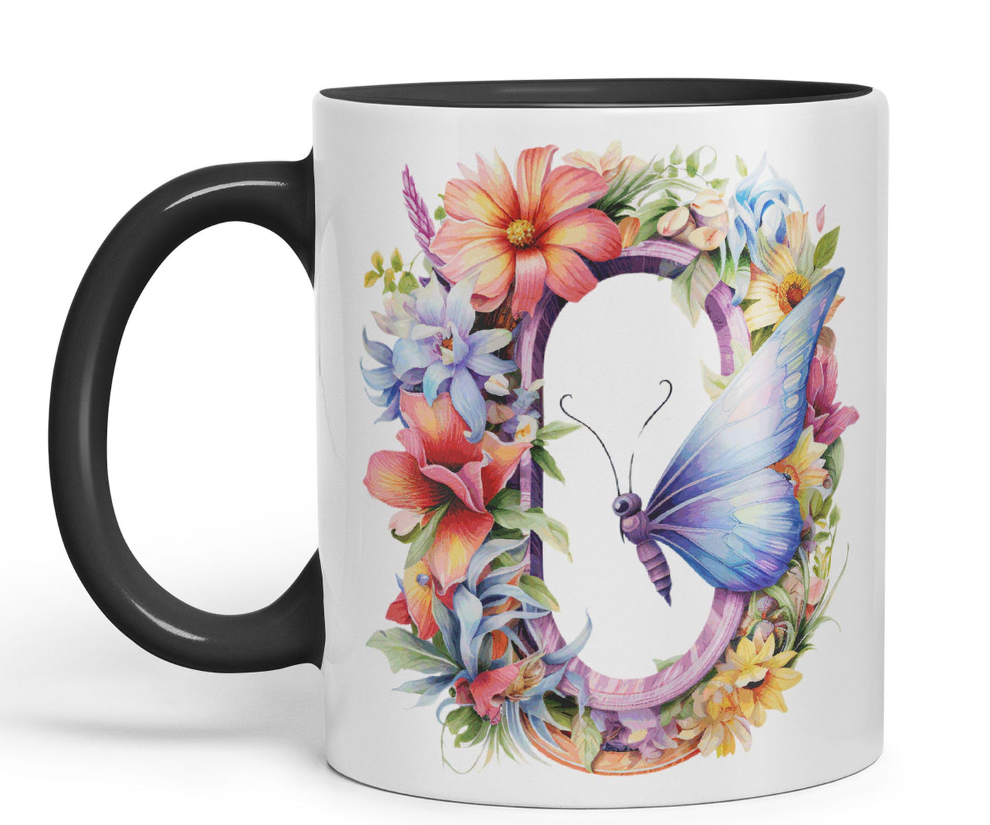 Letter O mug, Floral flowers butterfly Alphabet Letter O Monogram watercolour Ceramic Coloured Mug Cup for Tea Coffee Hot brew 330ml 11Oz Gift