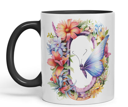 Letter O mug, Floral flowers butterfly Alphabet Letter O Monogram watercolour Ceramic Coloured Mug Cup for Tea Coffee Hot brew 330ml 11Oz Gift