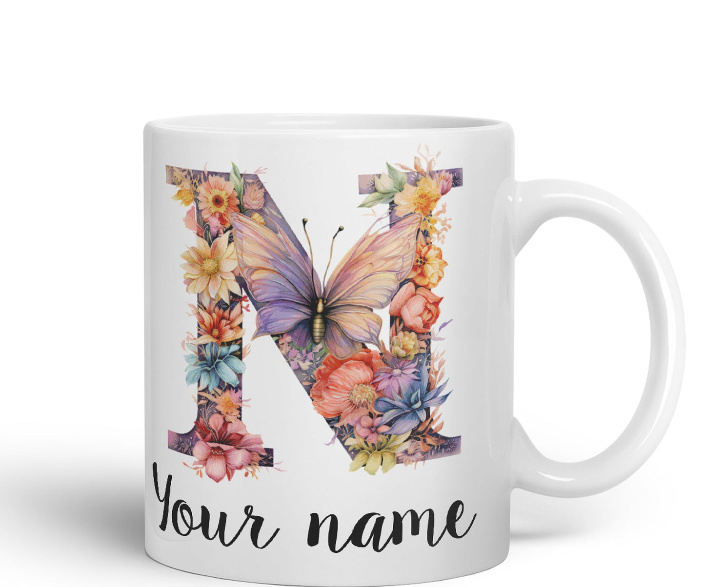 Personalised Letter N mug, Customized Custom Floral flowers butterfly Alphabet Letter N Monogram watercolour Ceramic Coloured Mug Cup for Tea Coffee Hot brew 330ml 11Oz Gift