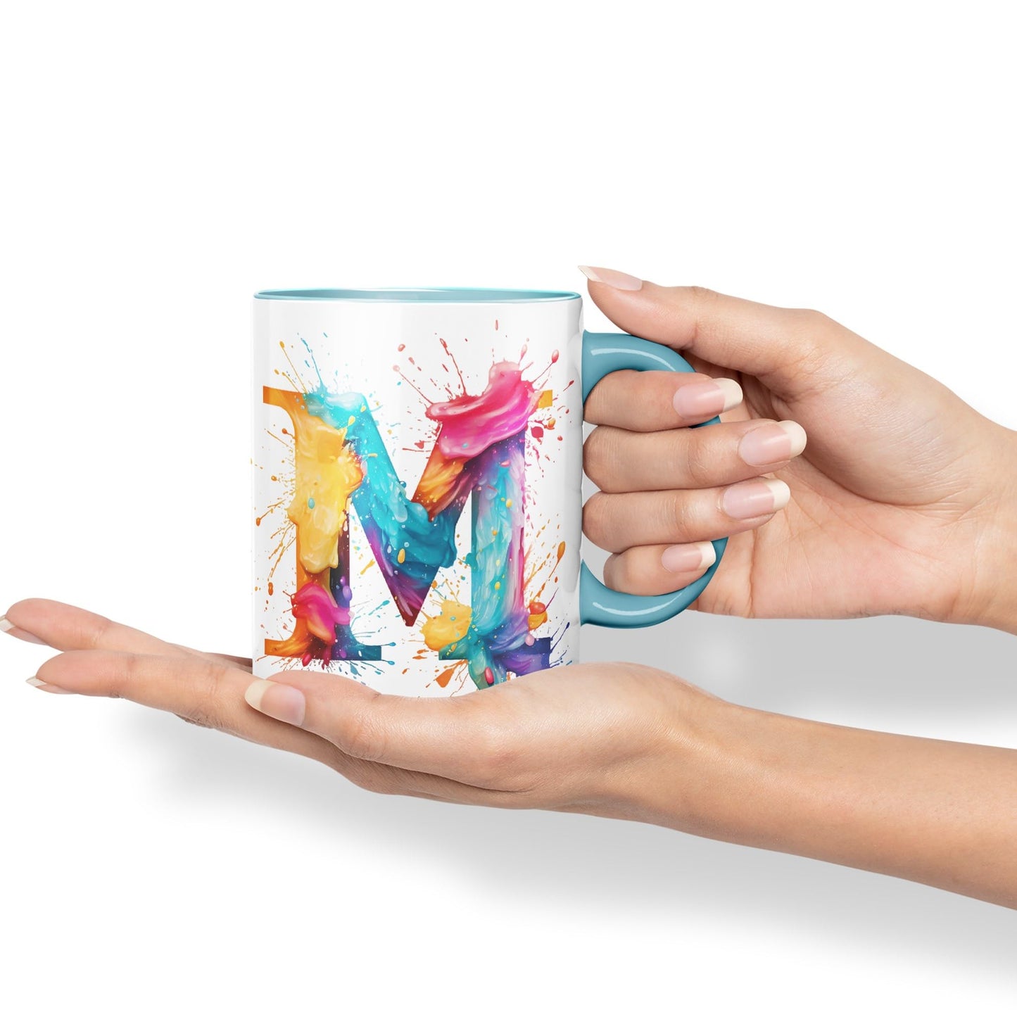 Letter M mug, Alphabet Letter M Monogram watercolour Ceramic Coloured Mug Cup for Tea Coffee Hot brew 330ml 11Oz Gift