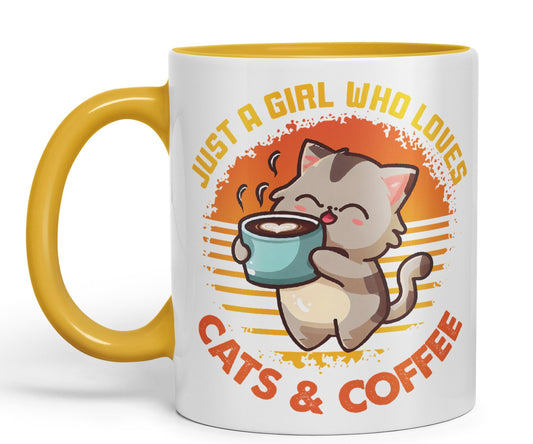 Just a Girl Who Loves Cats & Coffee, cat Sarcastic Joke Ceramic Coloured Mug Cup for Tea Coffee Hot Brew 330ml 11Oz