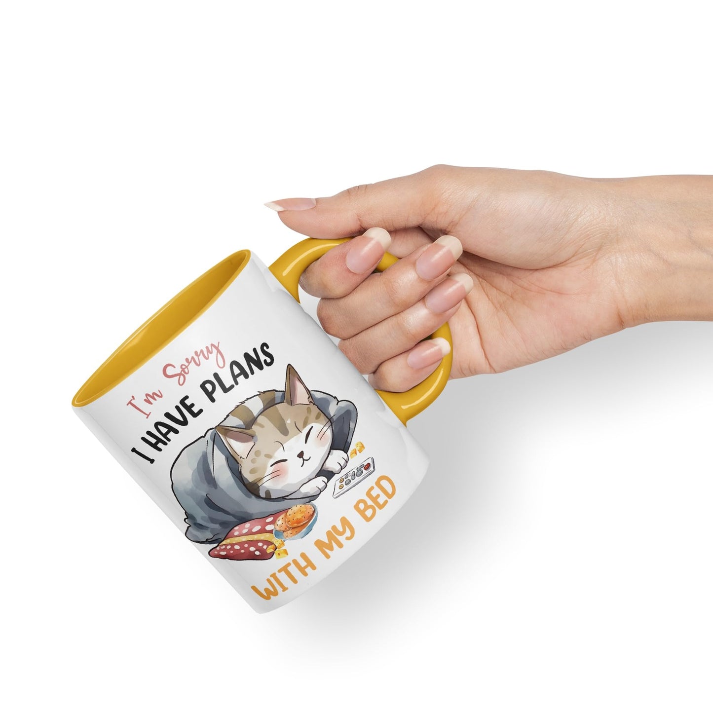 I'm Sorry, I Have Plans with My Bed, cat Sarcastic Joke Ceramic Coloured Mug Cup for Tea Coffee Hot Brew 330ml 11Oz