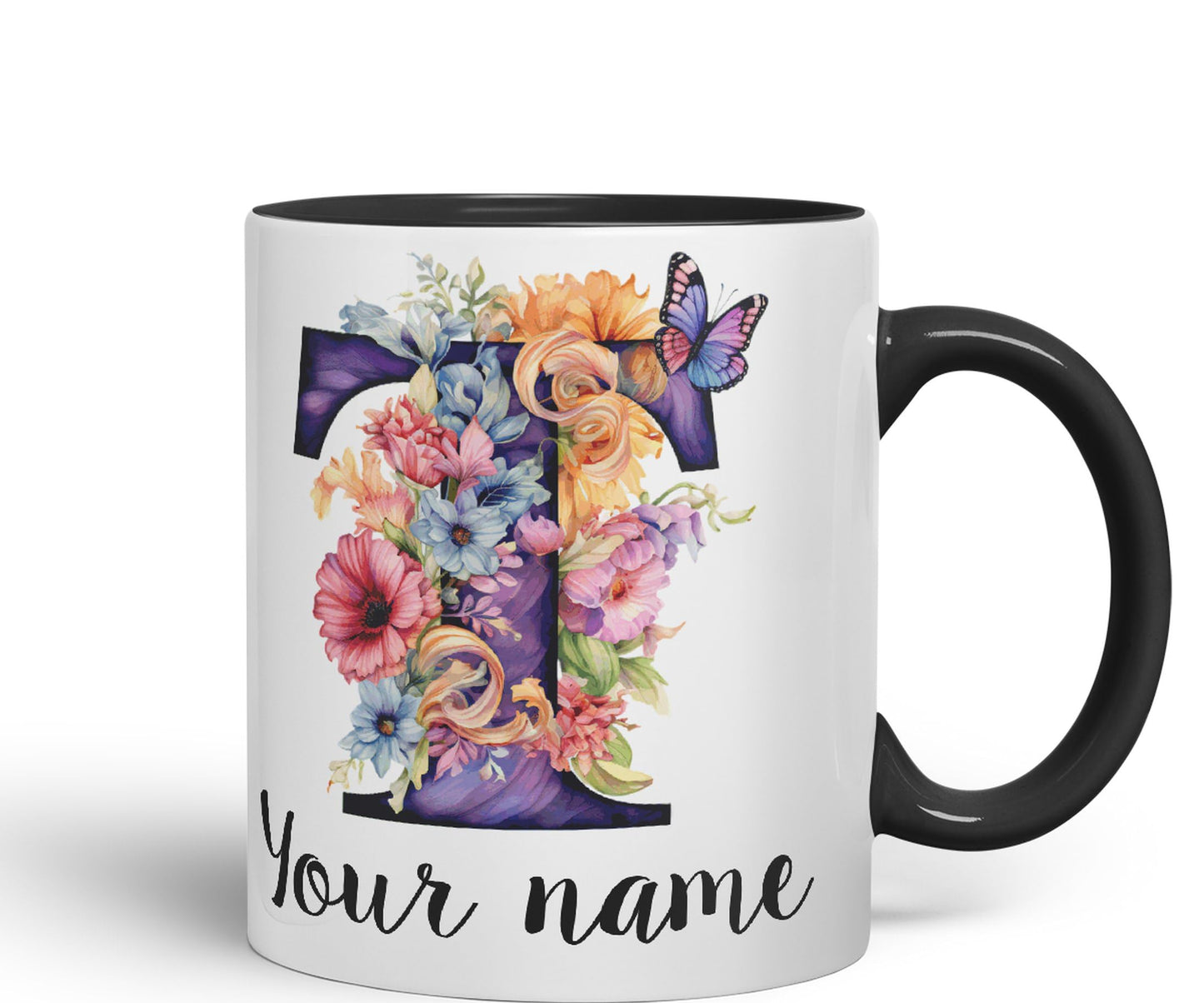 Personalised Letter T mug, Customized Custom Floral flowers butterfly Alphabet Letter T Monogram watercolour Ceramic Coloured Mug Cup for Tea Coffee Hot brew 330ml 11Oz Gift