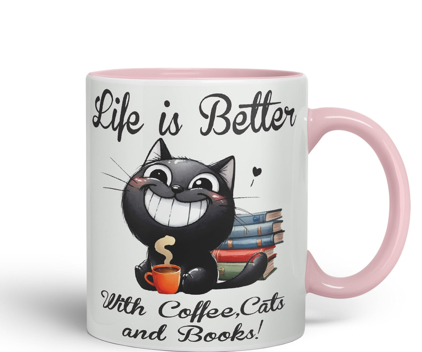 Life is Better with Coffee, Cats and Books, Cat Kitten Joke sarkasm Sarcastic Ceramic Coloured Mug Cup for Tea Coffee Hot Brew 330ml 11Oz Gift