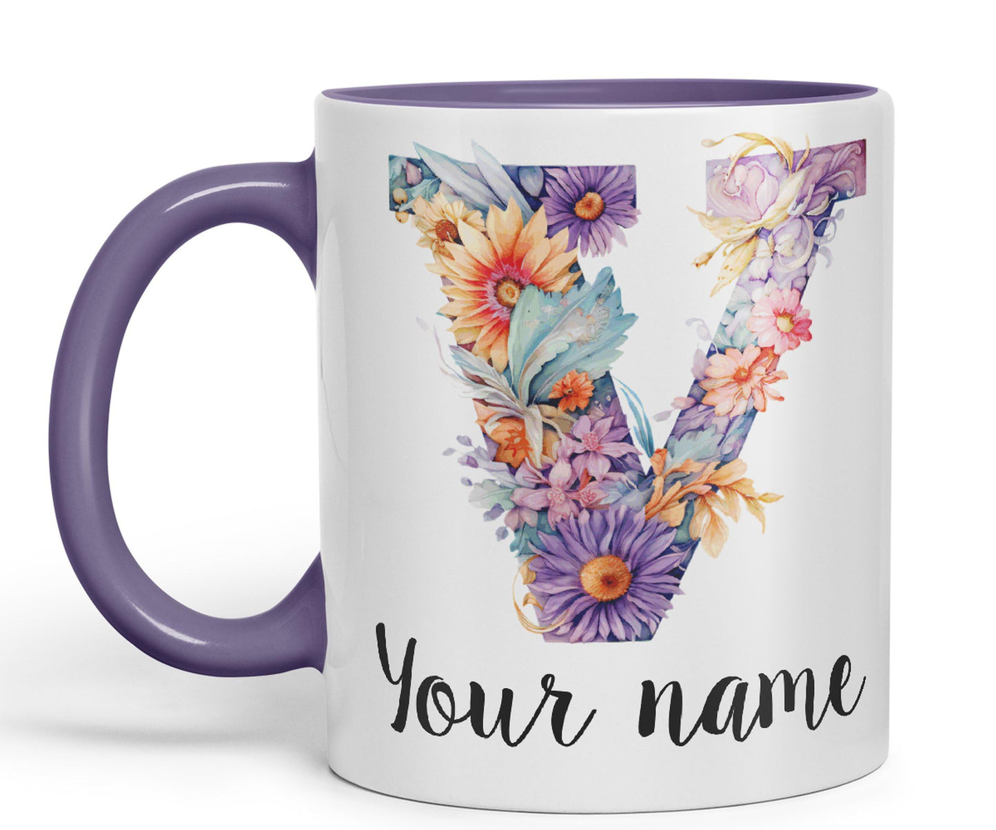 Personalised Letter V mug, Customized Custom Floral flowers butterfly Alphabet Letter V Monogram watercolour Ceramic Coloured Mug Cup for Tea Coffee Hot brew 330ml 11Oz Gift