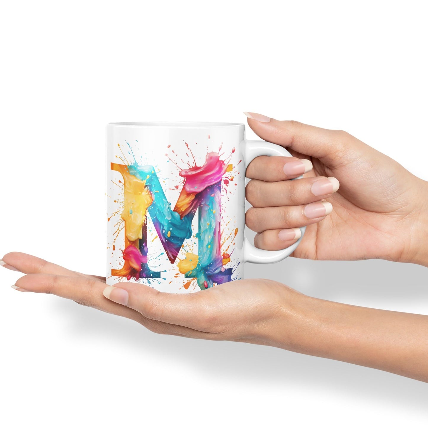 Letter M mug, Alphabet Letter M Monogram watercolour Ceramic Coloured Mug Cup for Tea Coffee Hot brew 330ml 11Oz Gift