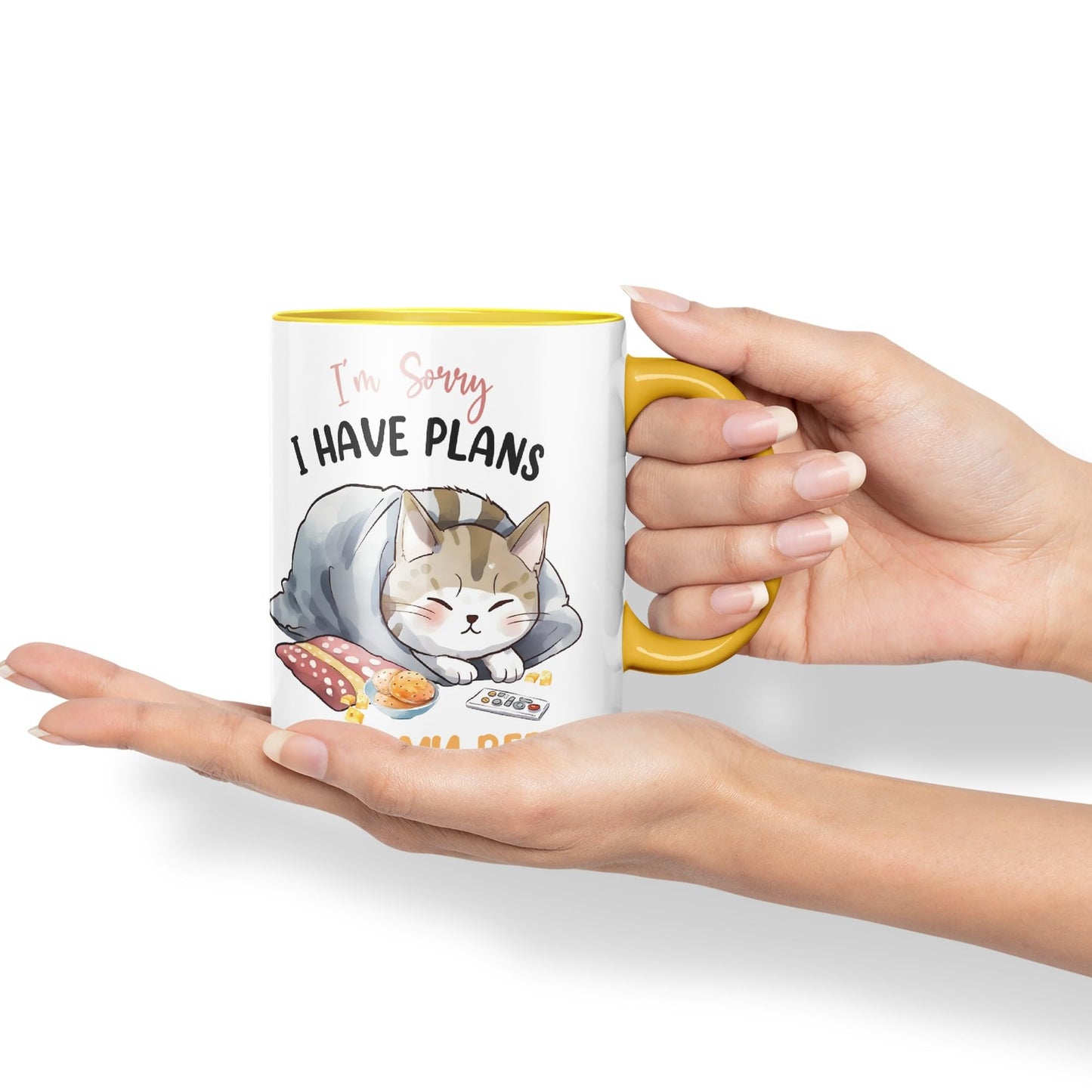 I'm Sorry, I Have Plans with My Bed, cat Sarcastic Joke Ceramic Coloured Mug Cup for Tea Coffee Hot Brew 330ml 11Oz