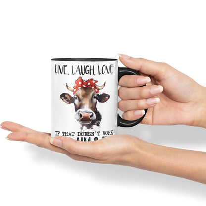 Live Laugh Love, If That Doesn't Work Load Aim & Fire, Cow Sarcastic Joke Ceramic Coloured Mug Cup for Tea Coffee Hot Brew 330ml 11Oz