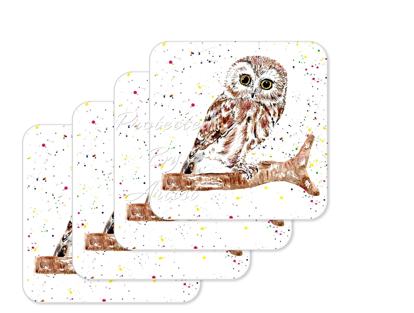 Coaster Owl British Wildlife Hand Painted Animals Coasters Watercolour Art Gift Work Office Dining Tea coffee
