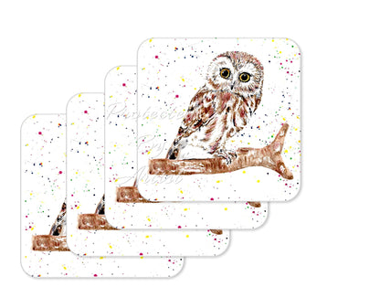 Coaster Owl British Wildlife Hand Painted Animals Coasters Watercolour Art Gift Work Office Dining Tea coffee
