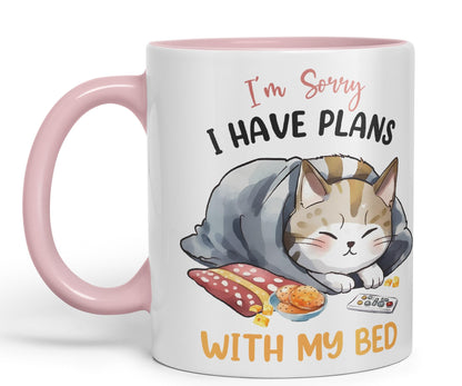 I'm Sorry, I Have Plans with My Bed, cat Sarcastic Joke Ceramic Coloured Mug Cup for Tea Coffee Hot Brew 330ml 11Oz