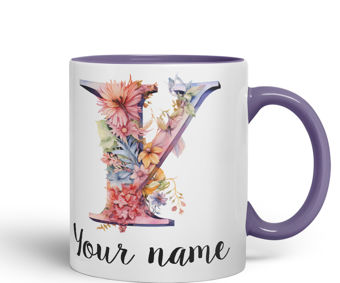 Personalised Letter Y mug, Customized Custom Floral flowers butterfly Alphabet Letter Y Monogram watercolour Ceramic Coloured Mug Cup for Tea Coffee Hot brew 330ml 11Oz Gift