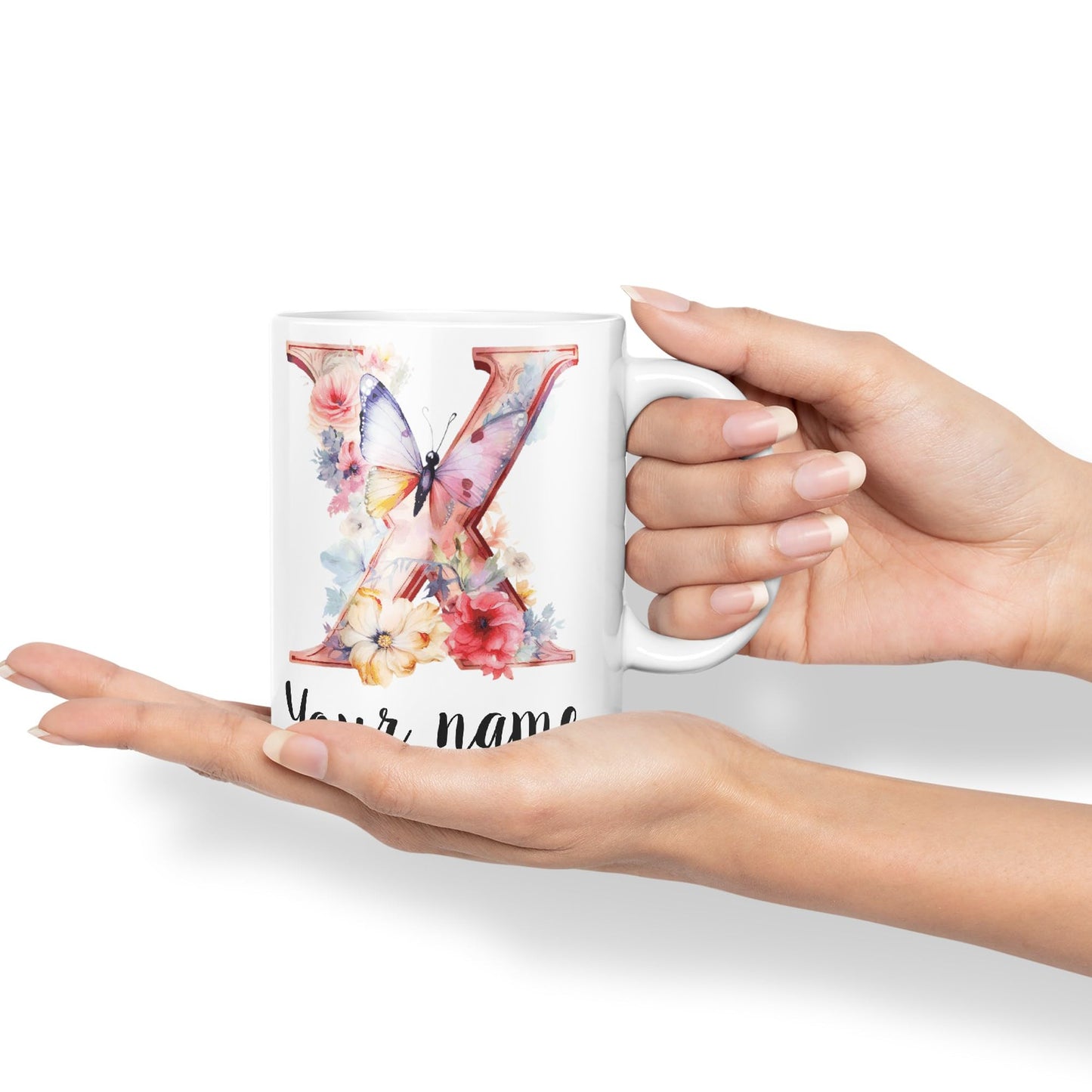 Personalised Letter X mug, Customized Custom Floral flowers butterfly Alphabet Letter X Monogram watercolour Ceramic Coloured Mug Cup for Tea Coffee Hot brew 330ml 11Oz Gift