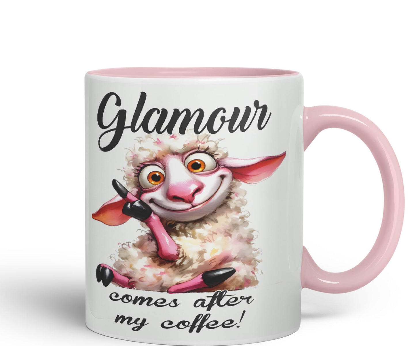 Glamour Comes After My Coffee! Sheep Joke sarkasm Sarcastic Ceramic Coloured Mug Cup for Tea Coffee Hot Brew 330ml 11Oz Gift