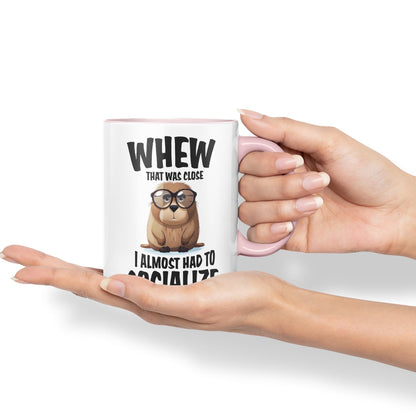 Whew That was Close A Almost had to Socialize Joke sarkasm Sarcastic Ceramic Coloured Mug Cup for Tea Coffee Hot Brew 330ml 11Oz Gift