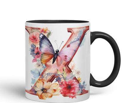 Letter X mug, Floral flowers butterfly Alphabet Letter X Monogram watercolour Ceramic Coloured Mug Cup for Tea Coffee Hot brew 330ml 11Oz Gift
