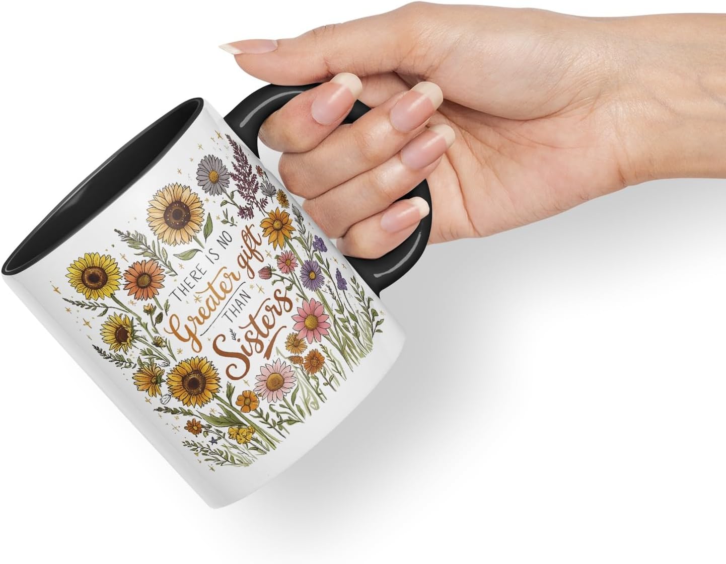 Vixar There is No Greater Friend Than a Sister Coloured Mug Cup Floral Sister Gift 11oz (Black)