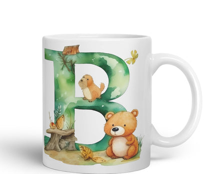 Letter B mug, Animals Alphabet Letter B Monogram animal for kids Ceramic Coloured Mug Cup for Tea Coffee Hot brew 330ml 11Oz Gift